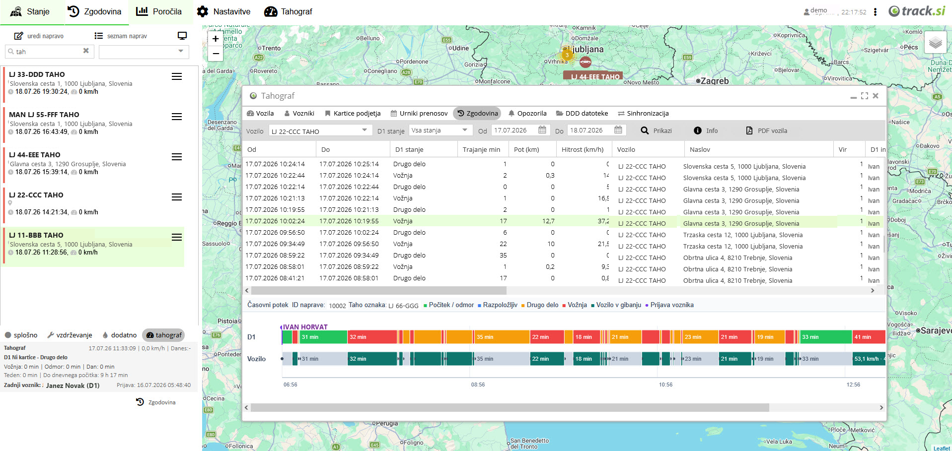 Uporabniski vmesnik modula Tahograf v Track.si