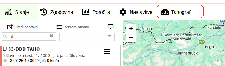 Gumb Tahograf v glavnem meniju Track.si