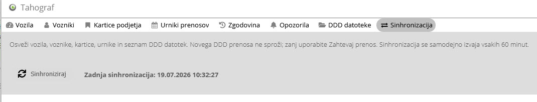 Zavihek Sinhronizacija v modulu Tahograf - rocna in samodejna osvezitev podatkov