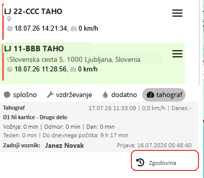 Trenutno stanje izbrane naprave v zavihku Tahograf, z gumbom Zgodovina